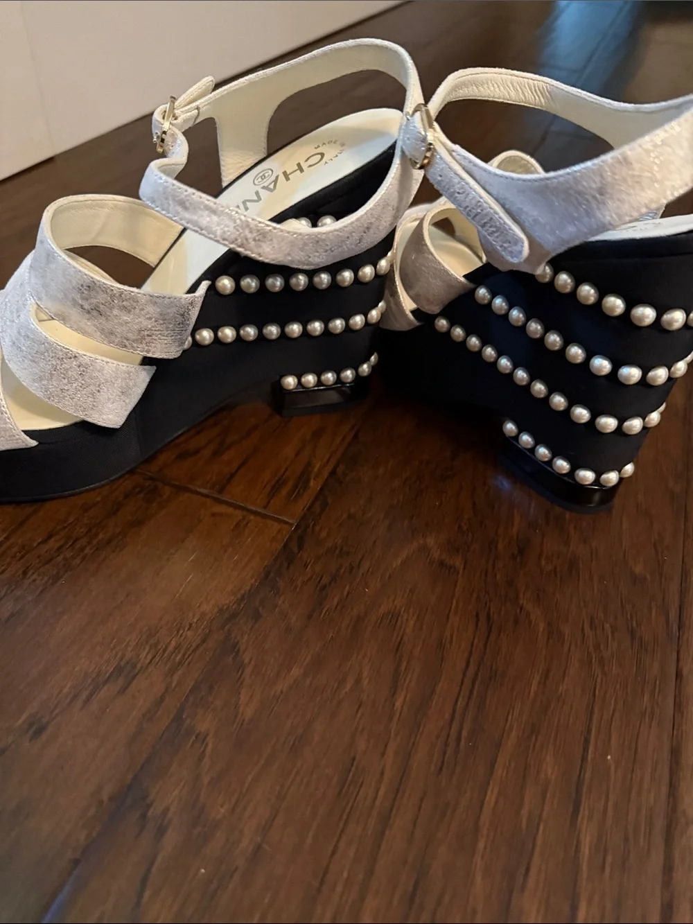 CHANEL Black Pearl-Trimmed Strappy Heel Sandals